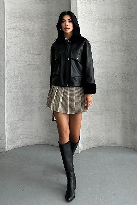 Kadın Suni Deri İçi Kürklü Oversize Bomber Ceket – Kışlık Peluş Detaylı Deri Mont