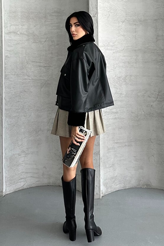 Kadın Suni Deri İçi Kürklü Oversize Bomber Ceket – Kışlık Peluş Detaylı Deri Mont