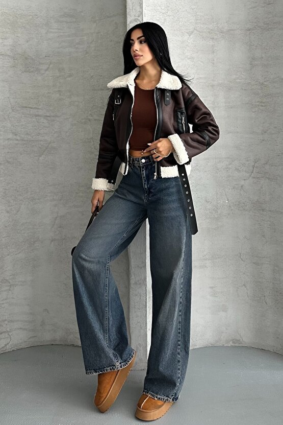Kadın Kemerli İçi Kürklü Deri Mont - Biker Deri Ceket