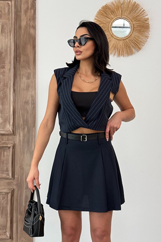 Kadın Pileli Kemerli Lacivert Mini Etek - GünlükCasual