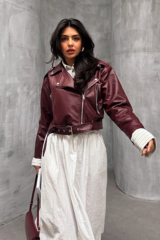 Kemerli Bordo Crop Deri Ceket