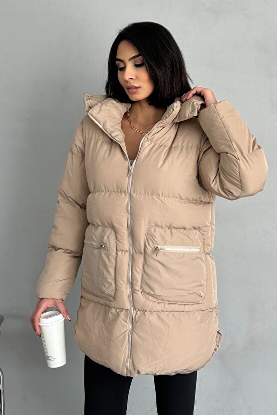 Kadın Kapüşonlu Şişme Uzun Mont