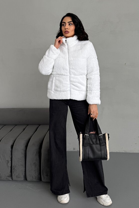 Peluş kabartma teddy şişme mont ekru beyaz