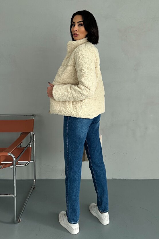Peluş Kabartma Teddy Kadın Şişme Mont