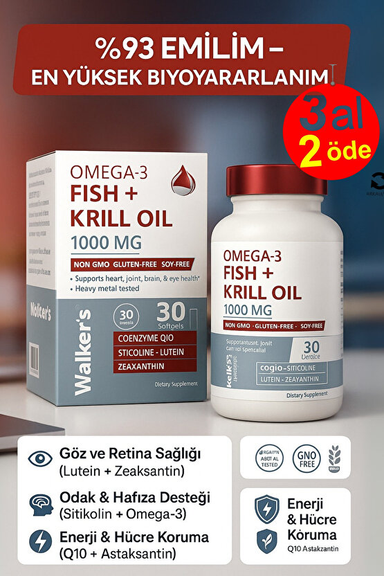 Krill Oil Omega 3 Sitikolin Lutein Q10 içeren Vitamin