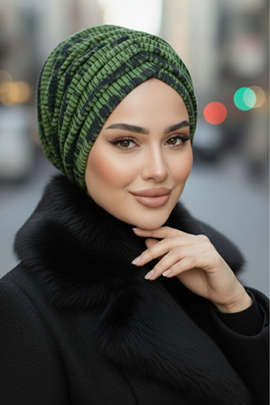 Haki Siyah Desen Büzgülü Salaş Bone