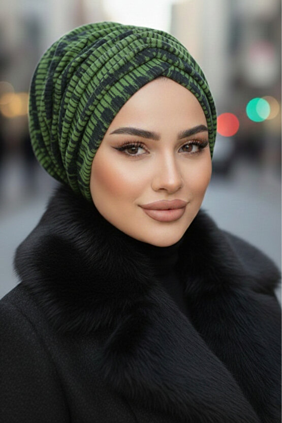 Haki Siyah Desen Büzgülü Salaş Bone