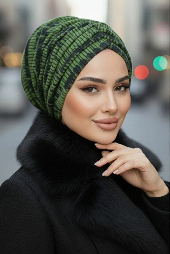 Haki Siyah Desen Büzgülü Salaş Bone