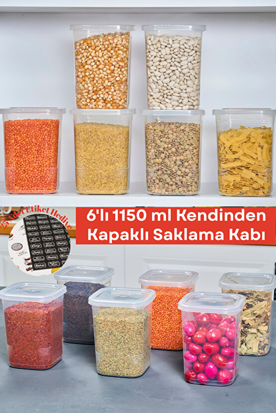 6 Adet 12 Parça Etiketli Kendinden Kapaklı Şeffaf Erzak Dondurucu Baharat Saklama Kabı Seti 1,15 Lt