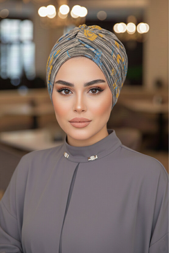 Gri Hardal Desen Burgu Detaylı Bone