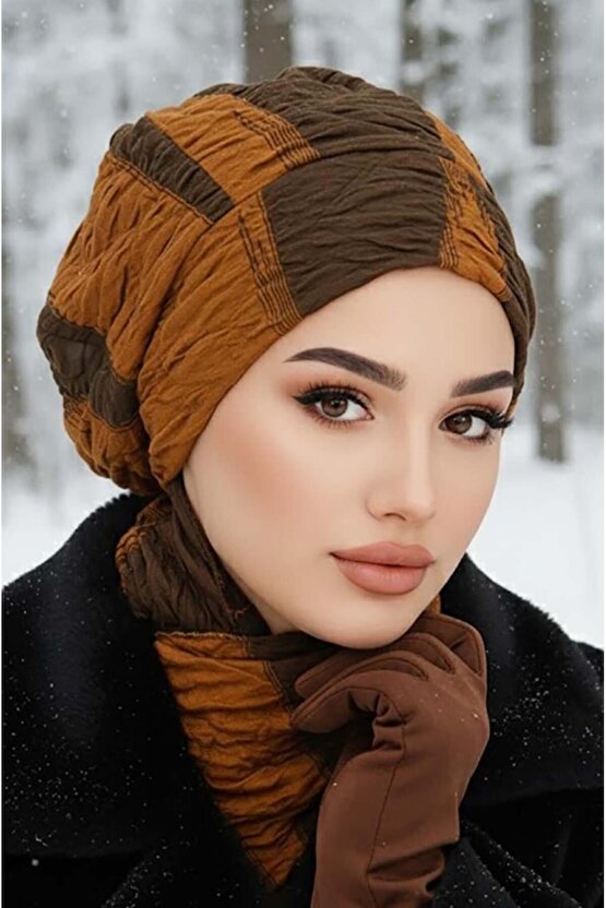 Siyah Taba Çizgili Tesettür Bere ve Etol Takım