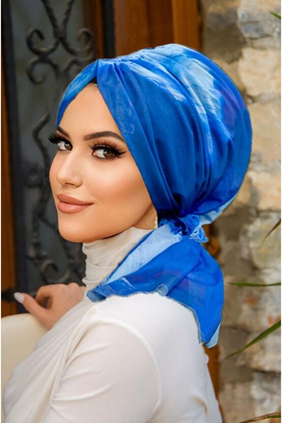 Mavi Batik Desen Tül Tokalı Bone