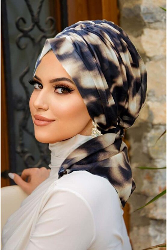 Kahve Batik Desen Tül Tokalı Bone