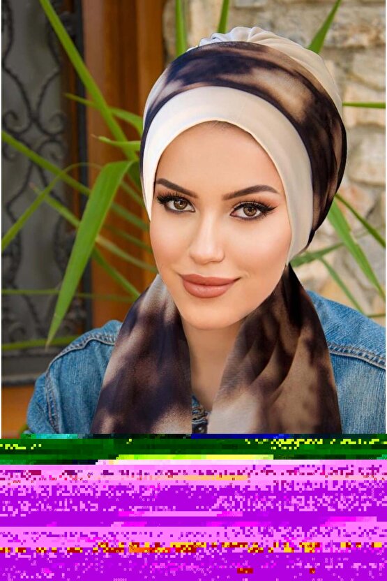 Kemik Kahve Batik Desen Fularlı Bone