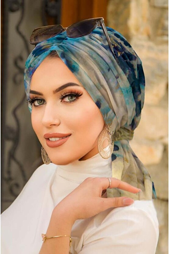 Turkuaz Batik Desen Tül Tokalı Bone