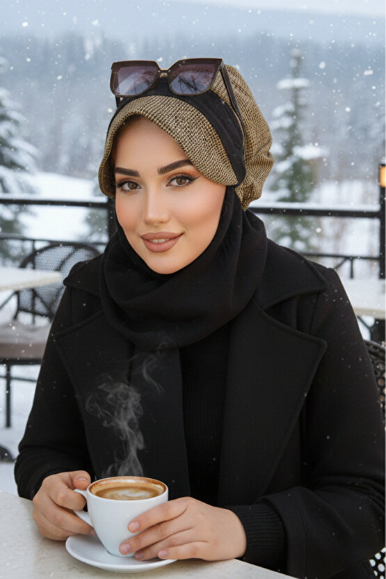Hardal Siyah Kare Desen Tesettür Şapka