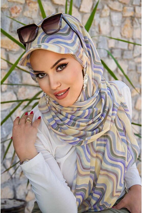 Soft Tonlar Geometrik Desen Kepli Bandana Şapka Şal