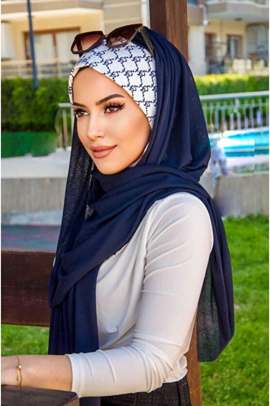 Lacivert Hat Desen Bone Hazır Şal