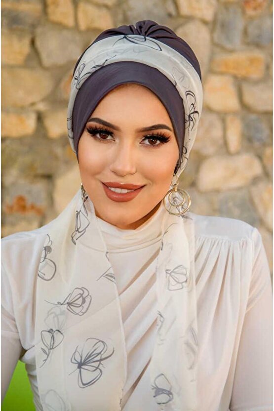 Antrasit Beyaz Çiçek Desen Fularlı Bone