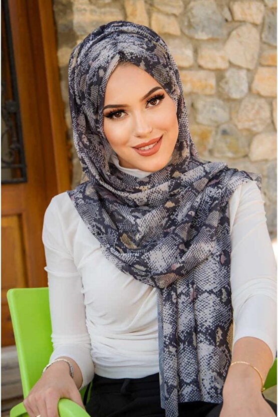 Siyah Bej Yılan Derisi Desen Hazır Şal