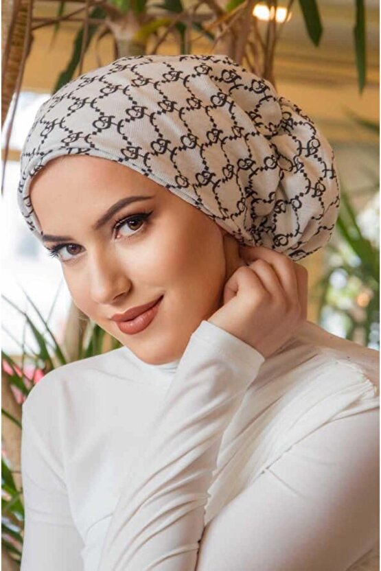 Beyaz Hat Desen Çağla Hazır Türban