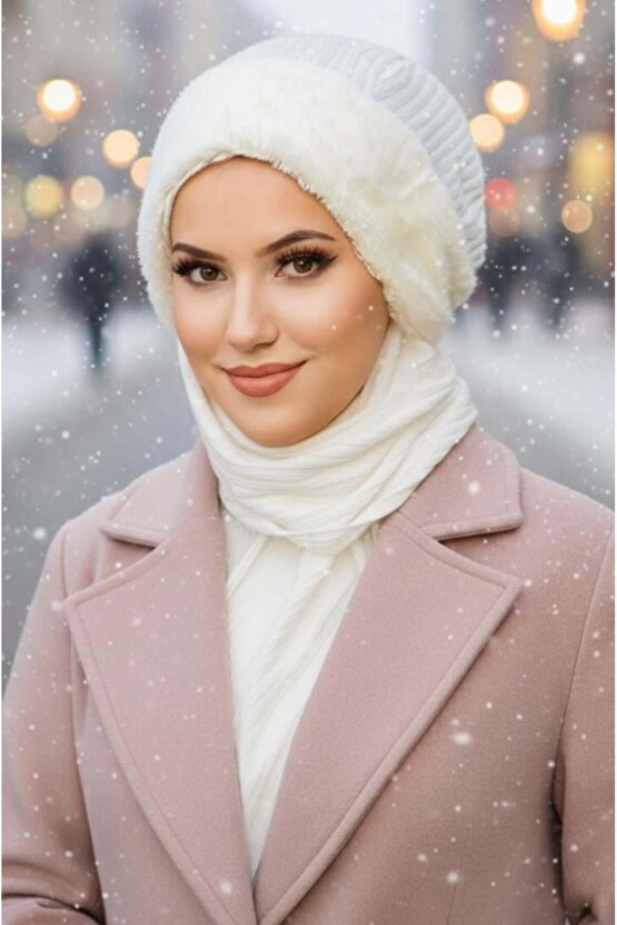 Kırık Beyaz Fitilli Kürk Aksesuarlı Tesettür Bere