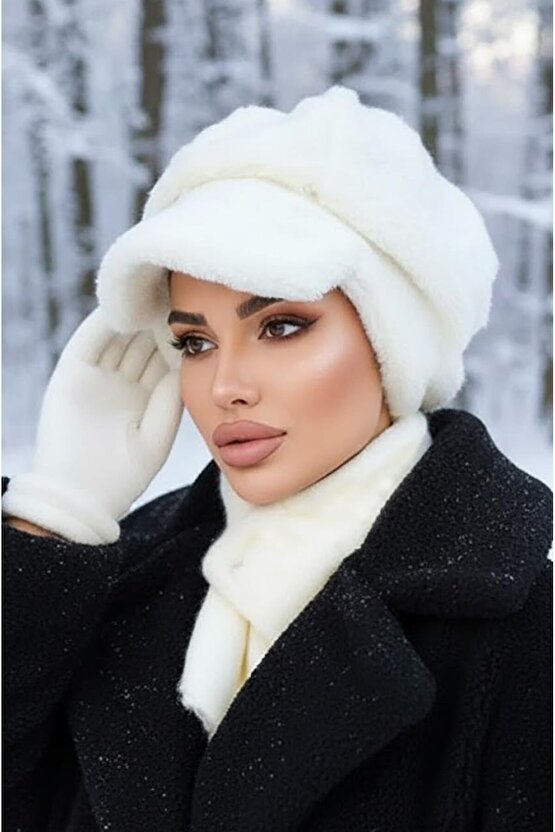 Krem Kürk Şapka ve Etol Takım