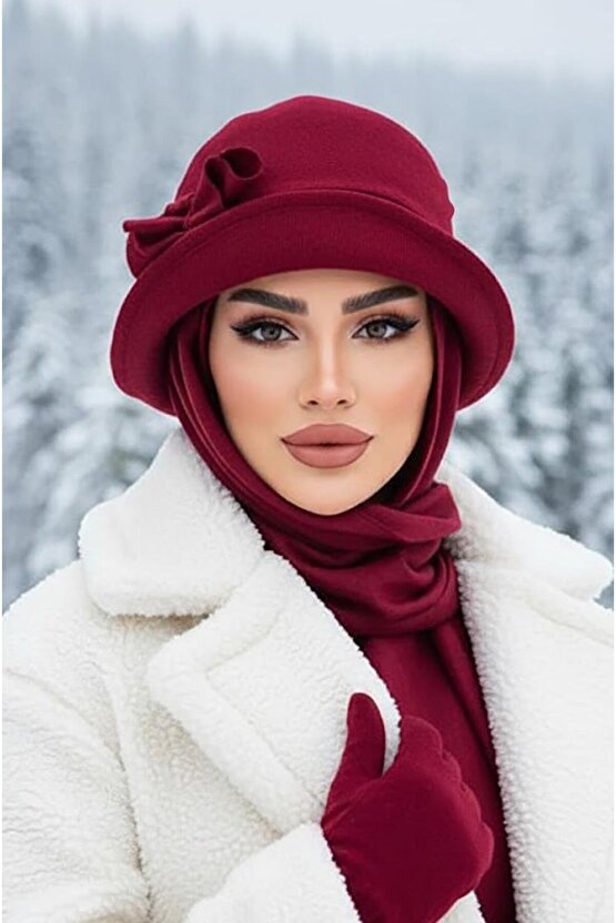 Bordo Aksesuarlı Vintage Atkılı Şapka