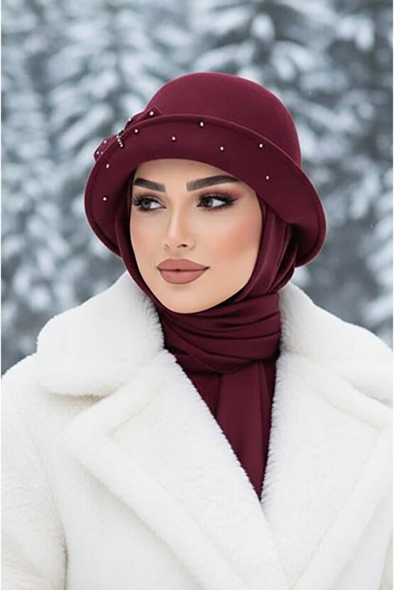 Bordo Taş Detay Vintage Şapka