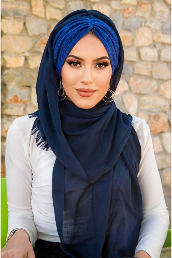 Lacivert Kot Büzgülü Hazır Şal