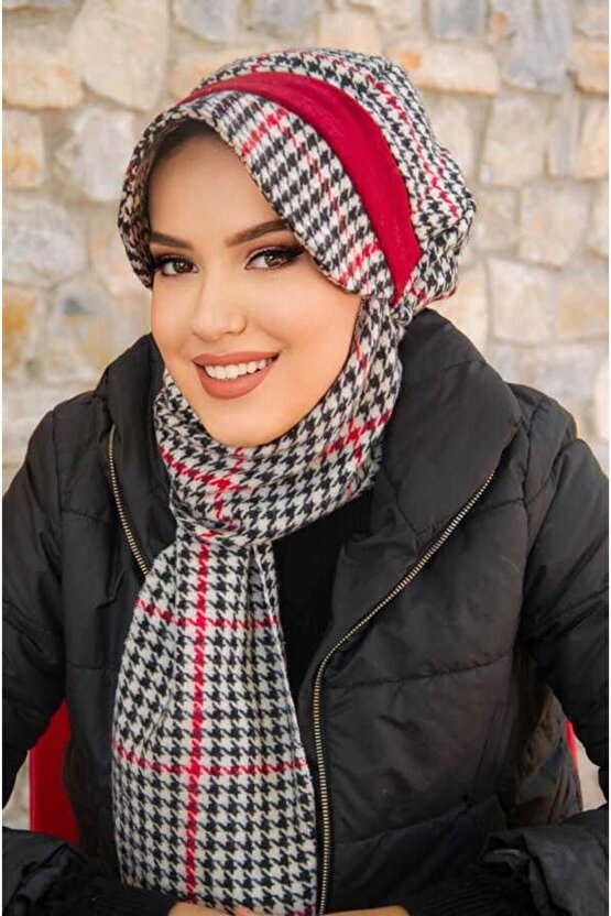 Kırmızı Siyah Kazayağı Desen Tesettür Şapka