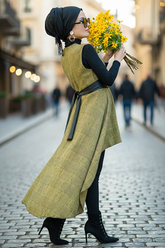 Sarı Siyah Kareli Yelek