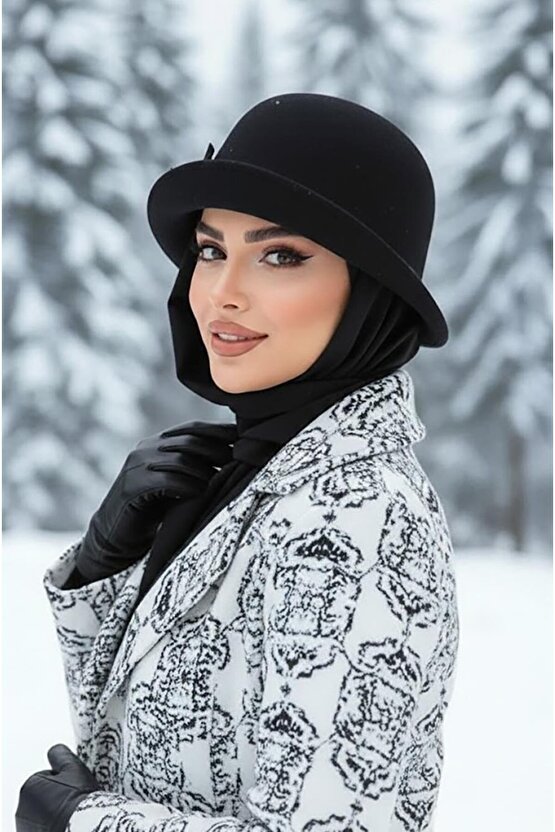 Siyah Aksesuarlı Atkılı Vintage Şapka