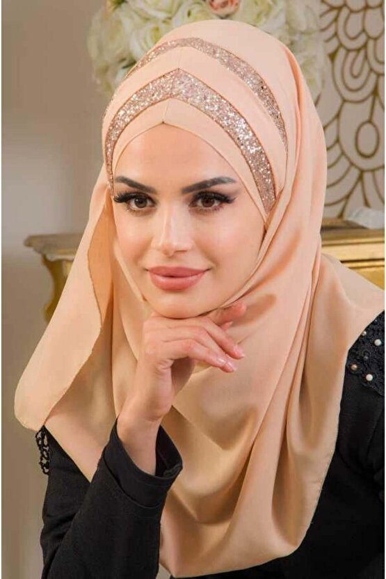 Açık Bej Çapraz Bant Abiye Double Şal