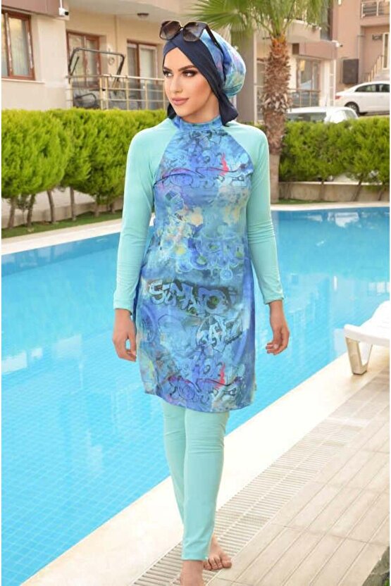 Mavi Su Yeşili Desen Tesettür Mayo Takım
