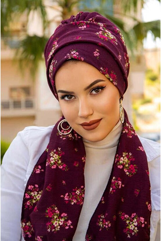 Mürdüm Buket Desenli Atkılı Bone