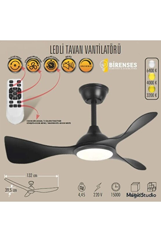 40 Watt, 3 Işık Modlu, 6 Kademeli, Kumandalı, Çok Şık ve Kaliteli Tavan Vantilatörü Ledli Vantilatör