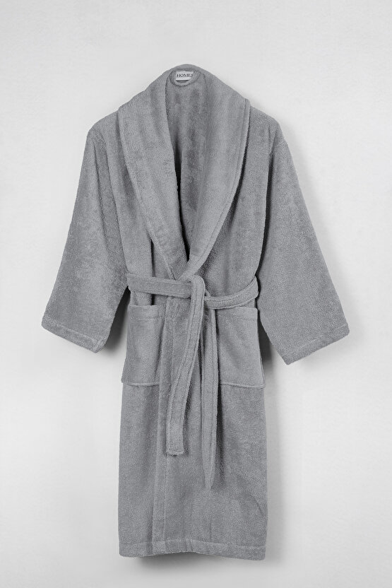 %100 Pamuk Unisex Gri Bornoz- Yüksek Su Emici & Yumuşak Şal Yaka Bornoz-