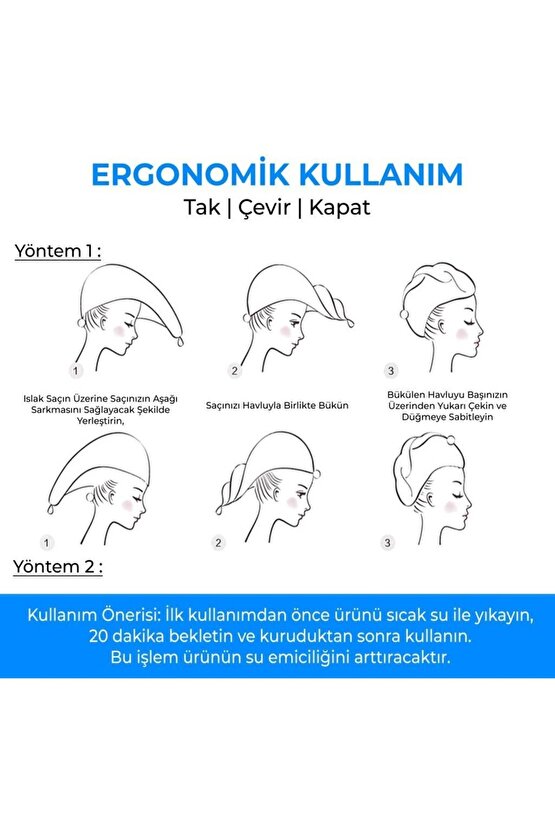 Düğme Lastikli Saç Havlusu, Saç Bonesi, Makyaj Bonesi, Yüz Bakım Havlusu,