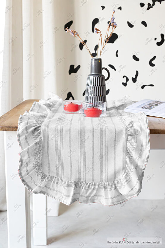 40x125 cm Vintage Fırfırlı %100 Keten Pamuklu Amerikan Runner