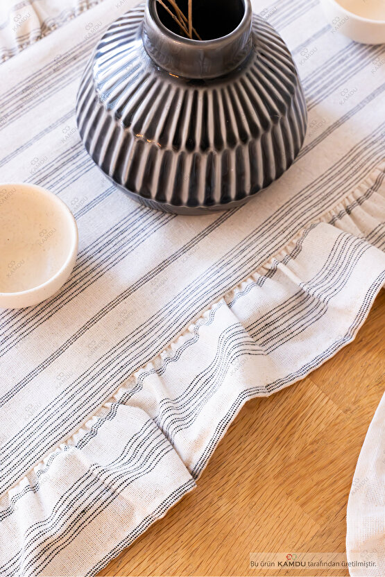 40x125 cm Vintage Fırfırlı %100 Keten Pamuklu Amerikan Runner