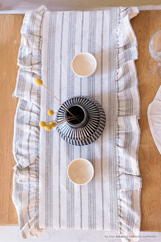 40x125 cm Vintage Fırfırlı %100 Keten Pamuklu Amerikan Runner