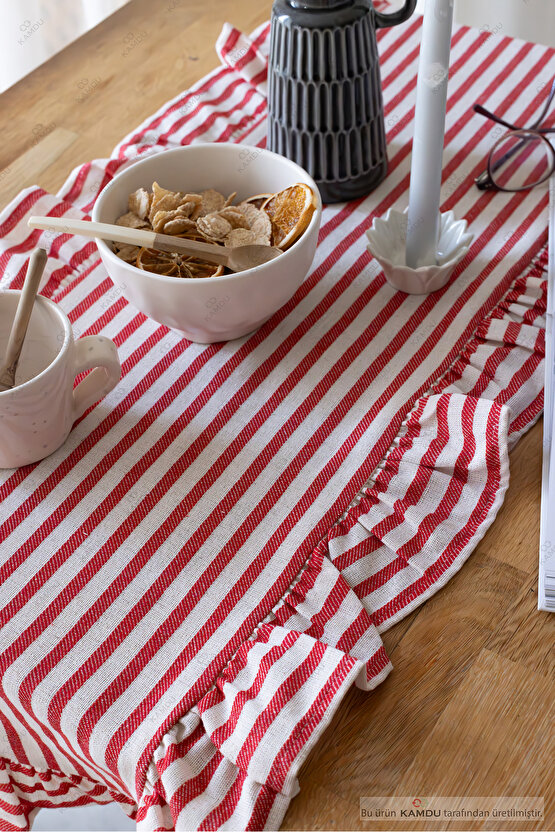 40x125 cm Vintage Fırfırlı %100 Keten Pamuklu Amerikan Runner