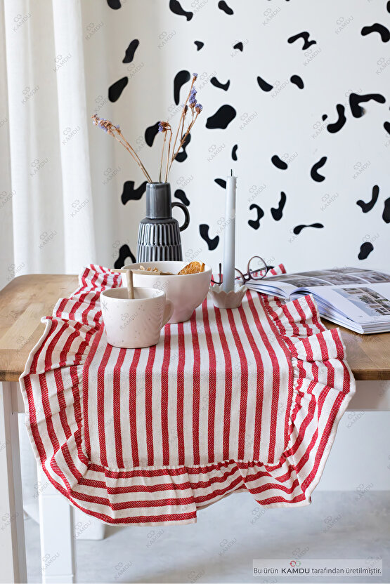 40x125 cm Vintage Fırfırlı %100 Keten Pamuklu Amerikan Runner