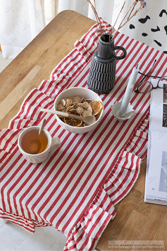 40x125 cm Vintage Fırfırlı %100 Keten Pamuklu Amerikan Runner