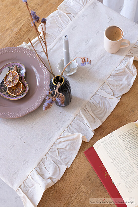 40x125 cm Vintage Fırfırlı %100 Keten Pamuklu Amerikan Runner