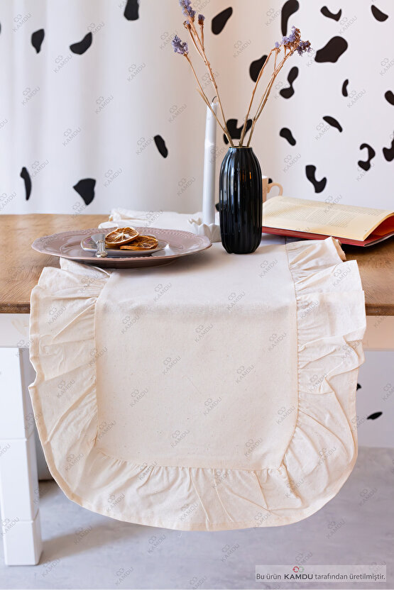 40x125 cm Vintage Fırfırlı %100 Keten Pamuklu Amerikan Runner