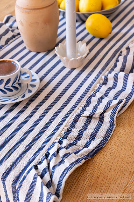 40x125 cm Vintage Fırfırlı %100 Keten Pamuklu Amerikan Runner