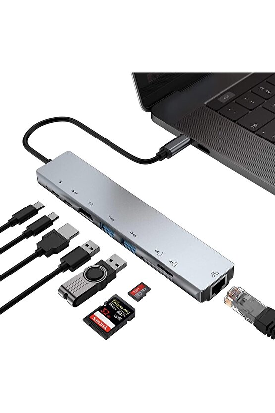 MacBook Pro Air Uyumlu USB Type-C 8in1 Hub Dönüştürücü Çoklayıcı HDMI USB Micro SD Girişli