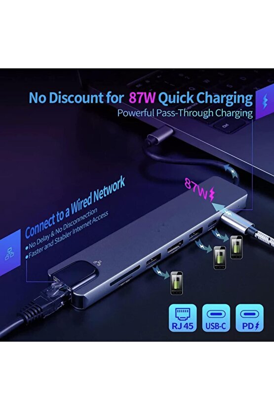 MacBook Pro Air Uyumlu USB Type-C 8in1 Hub Dönüştürücü Çoklayıcı HDMI USB Micro SD Girişli